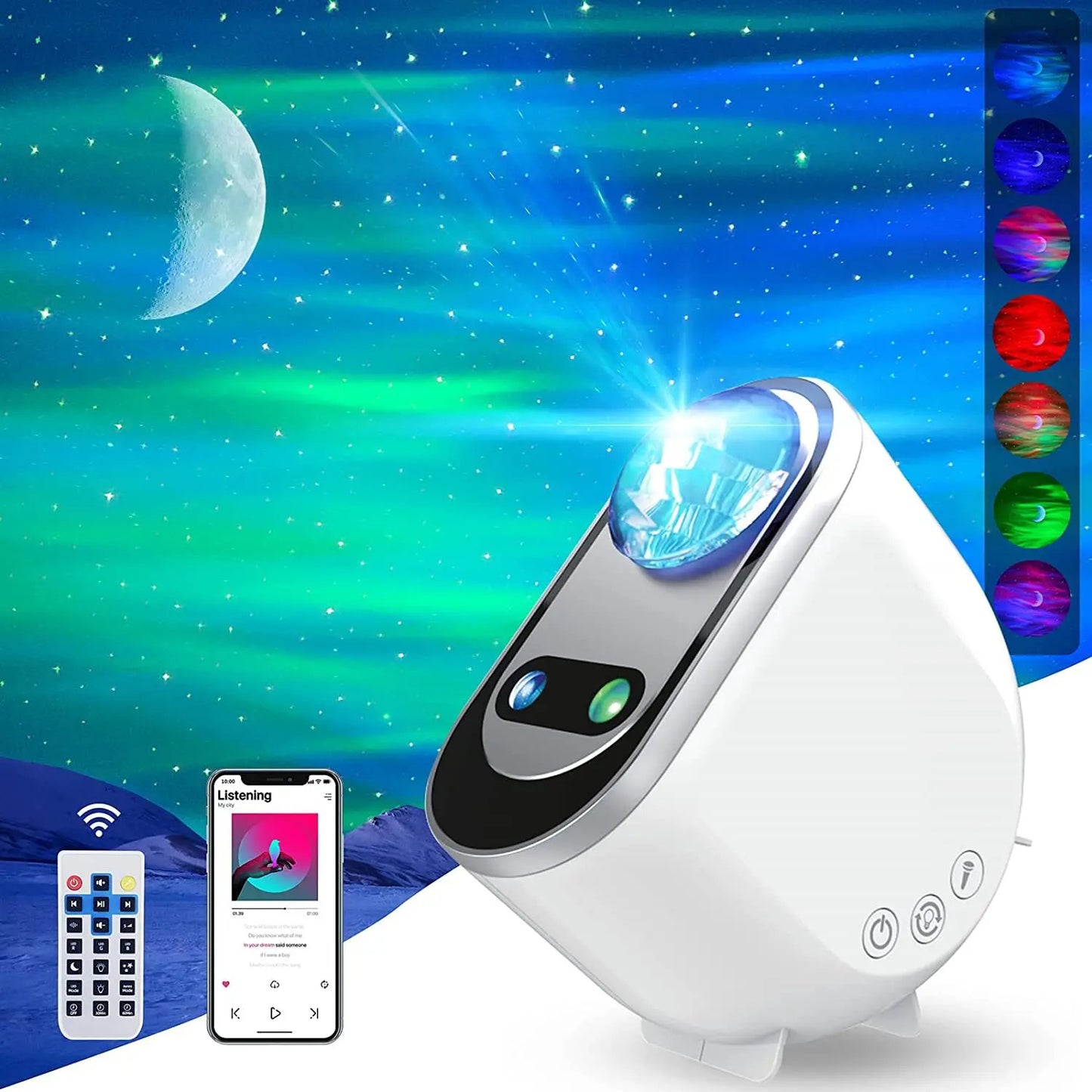 Multi-color mode demonstrated: red, green, blue, and white lights active.