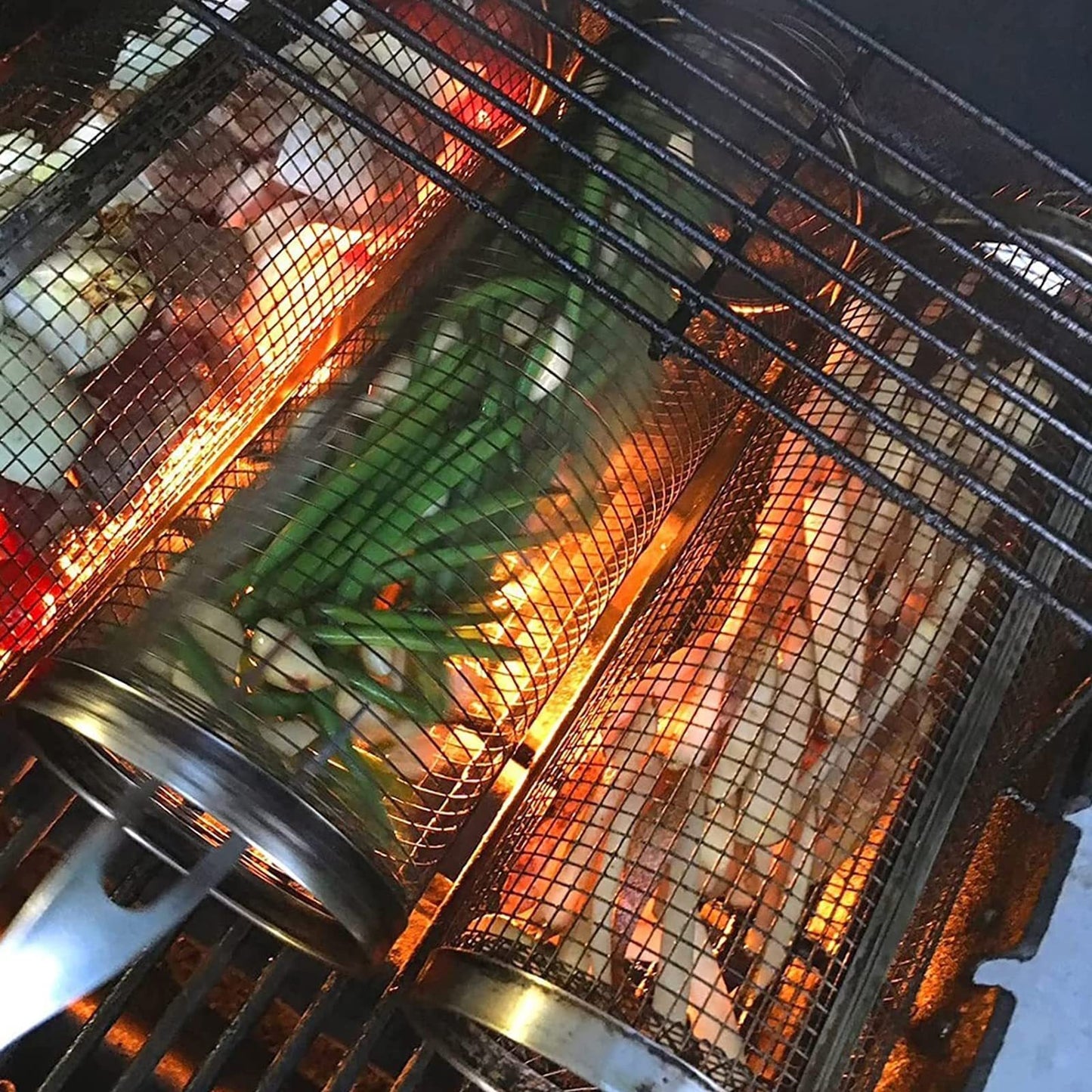 mesh basket rotating on campfire grill