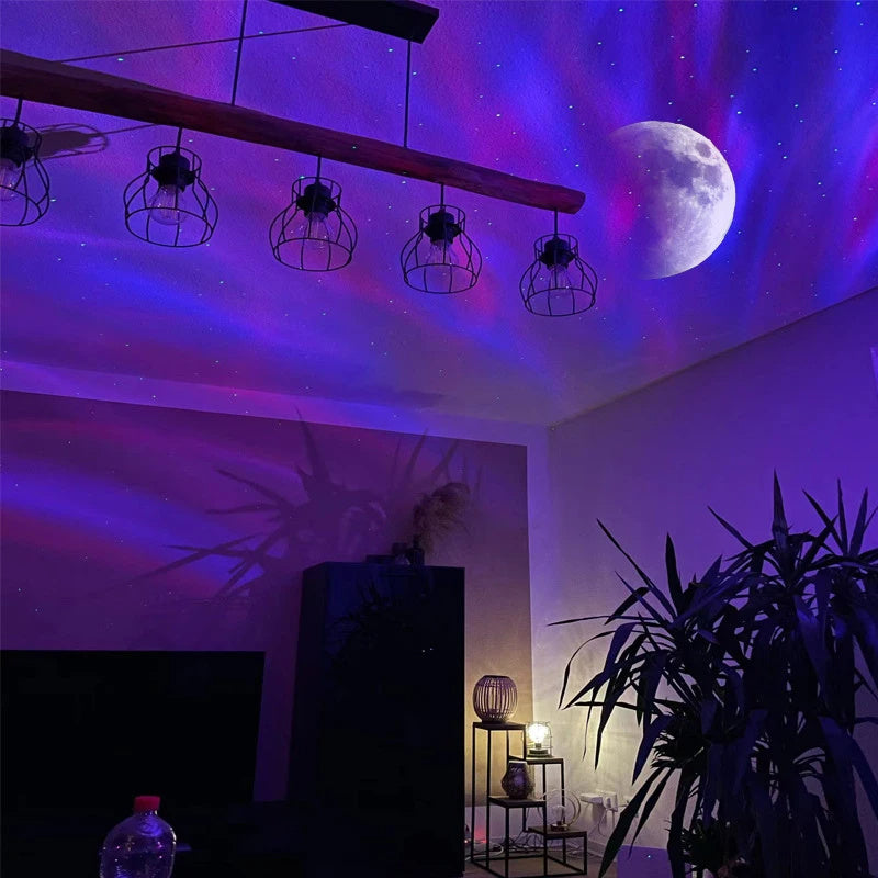 A bedroom setup with purple galaxy lighting from the device.