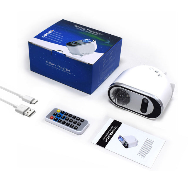 Product contents: projector, remote, cable, and manual laid out.