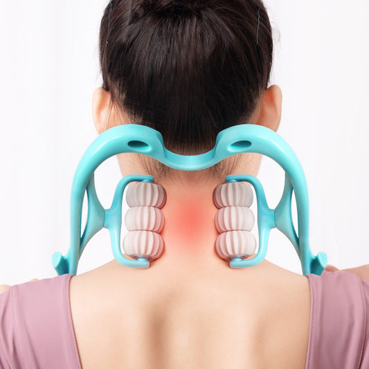 Woman using 6-wheel neck massager on upper back