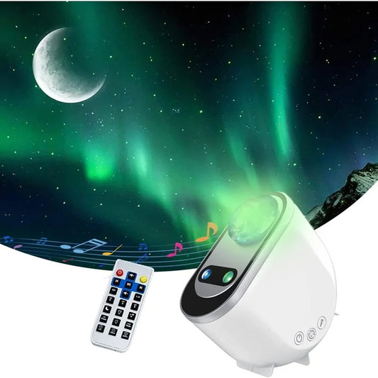 The starlight projector on a desk, casting colorful nebula lights.

