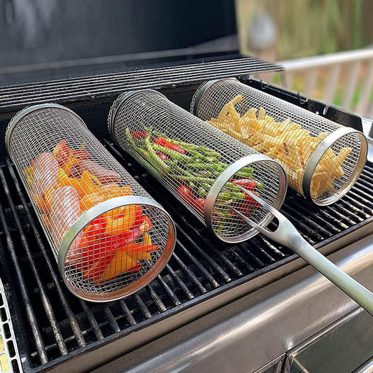 rolling bbq basket filled with vegetables

