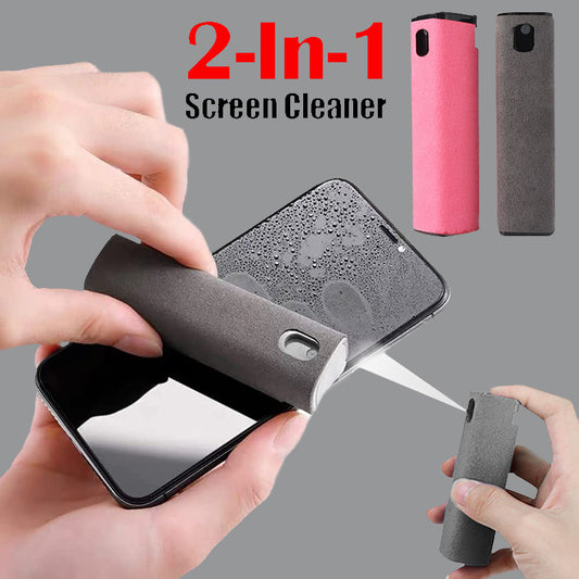 person spraying screen with cleaner
